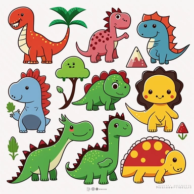 Create a set of 2D dinosaur clipart images featuring Tyrannosaurus Rex, Stegosaurus, Ornithischian, Triceratops, Velociraptor, and Diplodocus, suitable for children's educational and entertainment materials. The images should be in a fun, cartoon style that is easy for children to understand and appreciate, with bright and playful colors that are appealing to kids. Please ensure that each species is easily distinguishable and recognizable. The background of the image should be white, and there s