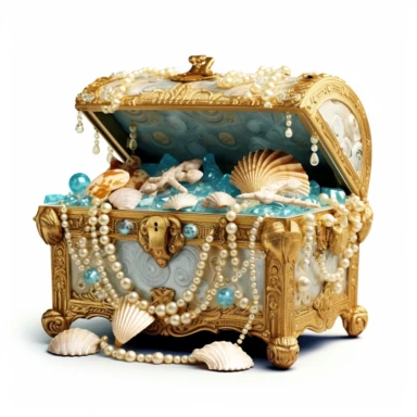 a treasure chest, brimming with untold riches, rests on the sandy ocean floor. The chest gleams with polished gold, adorned with intricate engravings that hint at ancient legends. , azure waters. Delicate seashells and shimmering pearls are scattered nearby, clipart, white background