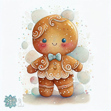 A watercolor painting of cute christmas gingerbread man, christmas gingerbread man, christmas gingerbread, cute detailed digital art, inspired by nicoletta ceccoli, by Kubisi art, whimsical and cute, by nicoletta ceccoli, cute detailed artwork, glimmering, adorable and whimsical, whimsical art, Clipart style, png style, svg style, blank white background, a solid white background