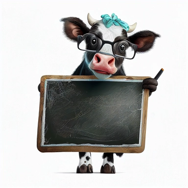 a funny looking smiling baby cow with glasses holding up a big blank blackboard, watercolor clipart on white background