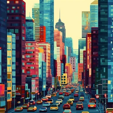 Create a pixelated clip art of a bustling cityscape. The city should be filled with towering skyscrapers, each window a tiny pixel of light. The streets should be filled with pixelated cars and people, each moving in their own direction. The pixelation should give the image a dynamic, energetic feel.