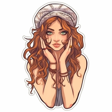 semi-realistic spiritual mysterious shy cute girl sticker, fair skin, in boho style, magical aura, fantasy, clipart, white background, high quality, contour