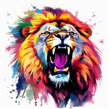 Lion, adult male, roaring majestically, vibrant colors, clipart, on a white background.