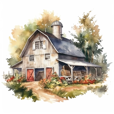 farm barn, a building made of typical American white wood, lots of plants, trees behind the building, watercolor, clipart, realistic