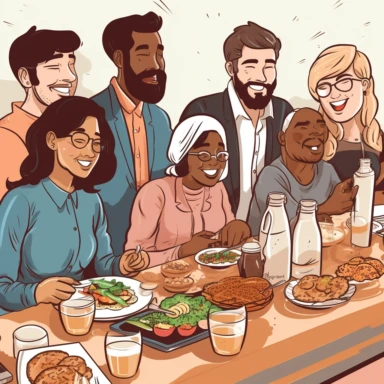 a multicultural lunch between coworkers where veryone brings a meal from their cultural origins. The image has a clear colored background and some white space on top of the image. Everyone is happy. Must but in clipart, cartoon style