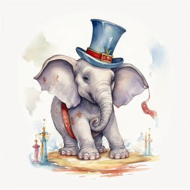 hand drawn Disney’s dumbo the elephant, 1920’s circus, glamorous, very detailed and realistic, watercolor, clipart style, white background with margins