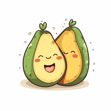 Kawaii clipart of two avocados cuddling, white background