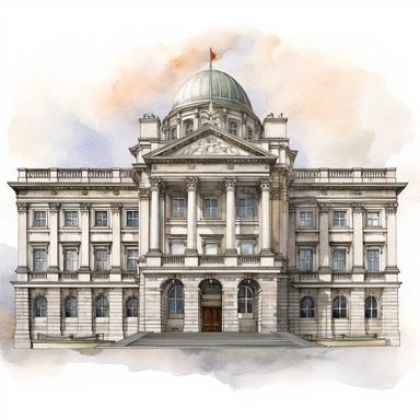 Isolated images, illustrations on a white background, facing front, elevation view, Irish House of Parliament Dublin Ireland, Clipart, watercolor, realistic, isolated, full building, highly detailed, hdr, 32K, photo expert quality, watercolor realistic, hyperrealistic and highly detailed, isolated on a white background