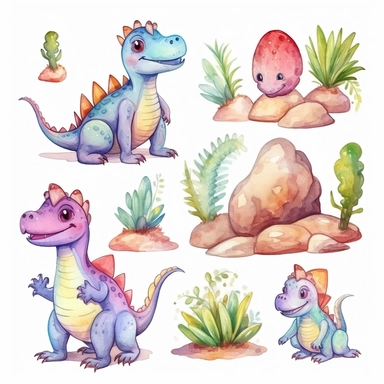 watercolor dinosaur, illustrations clipart set, simple, cartoon elements, different variants, separate elements with a margin