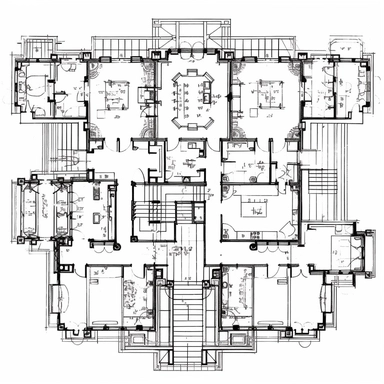 floor plans for a large house with 5 bedrooms a kitchen, 3 bathrooms in art nouveau style, black lines, detailed, flat design, white background, clipart style, black and white,