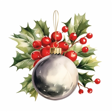 vector watercolor hyper realistic vintage Christmas holly berries and bauble clipart on white background, Christmas holly berries and bauble, photorealistic, realistic, detailed watercolor style, on white background