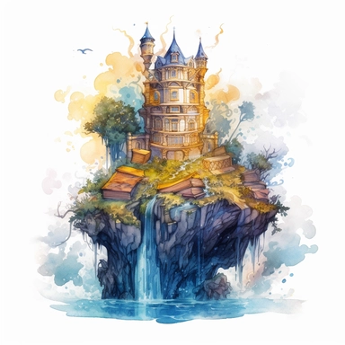 high level watercolor, hyper realistic, white background with margins, 8k, ultra detailed clipart, A floating island with a mysterious, ancient library, housing magical tomes and scrolls. fairy, blue and yellow
