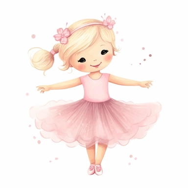 cute vector clipart of a super cute baby ballerina, pink dress, blonde dress, dancing, white background, , cute flowers, pastel colors, pastel colorwatercolor illustration