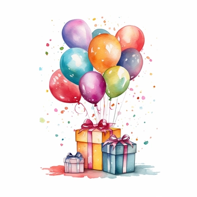 Birthday illustration clip art, holiday graphics collection, party background, watercolor colorful balloons and confetti illustration, carnival greeting graphics, gift box isolated, candies watercolor