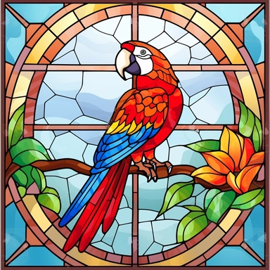 Rectangular stained glass window design, 90 degree squared corners, no background, looking out of an atrium sunroom, a macaw bird on the branch of a tree in a rainforest, very detailed, clipart, clear crisp colors, photorealistic, oil paint, happy, beautiful, bright colors, cute, ultra - detailed, on a white background - - no cropping