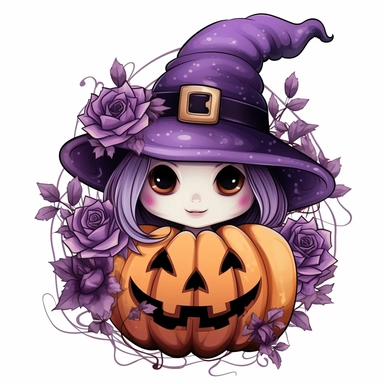 Spooky Cute halloween sublimation, Purple color Clipart, below are some flowers, and the head is cap, isolated on a white background,high quality design and Summons will be a pumkin,