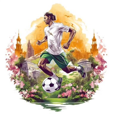 white background, football player with ball on foot, closeup, sticker, artwork of t shirt graphic of majestic forest, in digital painting style , beautiful flowers, sunset mountains and clouds , big vines, stone temple covered in vines , plants surround, highly detailed clean, vector image, photorealistic masterpiece, professional photography, realistic, flat white background, isometric, vibrant vector, clipart, illustration, realism, 4k, , cinematic, front view, paradise, extremely white backgr