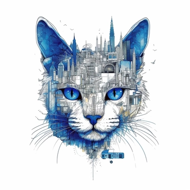 city cat, Blue eyes, collage quirky cool collage, Felis catus clipart, white contour detailed, clean line, hd, on white background, spaced out