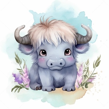 watercolour Happy Baby Buffalo Cartoon Clipart, Cute, no text