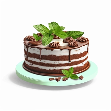 Create a clipart image of a chocolate mint birthday cake white background. Showcase a chocolate cake layered with mint-flavored buttercream frosting and garnished with chocolate mint leaves.