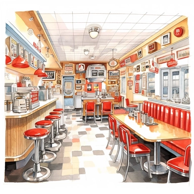 A retro-themed diner, where people enjoy classic American comfort food and capture the ambiance with vintage cameras, watercolor, clipart