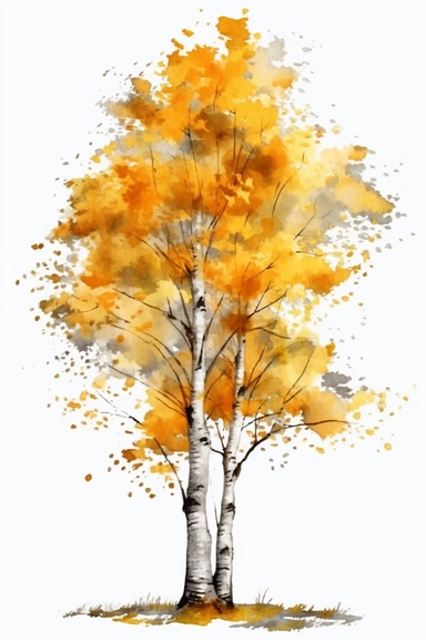watercolor autumn Paper Birch tree, high details, high resolution, HDR, solid background, clipart