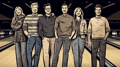 Illustration of relaxed people, Scandinavian men and women in their 40's smiling, concept art, clipart, wearing black hoodies, wearing jeans, full body shot, standing in a bowling lane, BRIGHT bowling alley background, hand drawing, drawn with lines, out of focus bowling alley background, pen drawing, simple lighting, magazine cover, 80mm, 8k, hdr