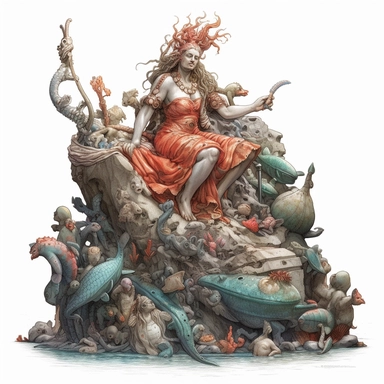 A clipart of a sunken statue of an ancient sea goddess, covered in coral and being cleaned by a busy group of hermit crabs, all on a white background.