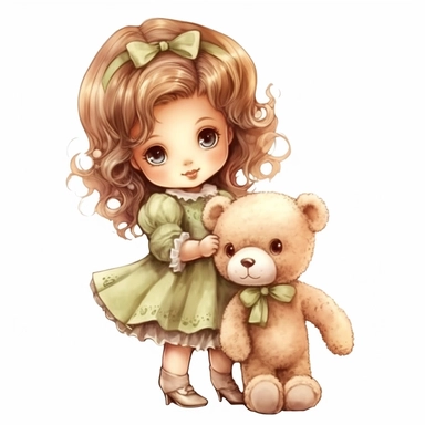 cartoon baby girl with teddy bear full body illustration clipart, detailed, outline, white background, 4k, watercolor, digital art