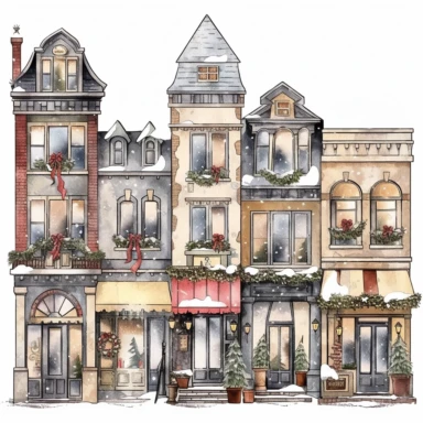 beautiful old town Christmas Clipart , style by Lucy Fleming, watercolor, smooth gradients, black contour outline, ultra detailed, clipart elements, delicate pastel colors, solid white background, super clear, high quality