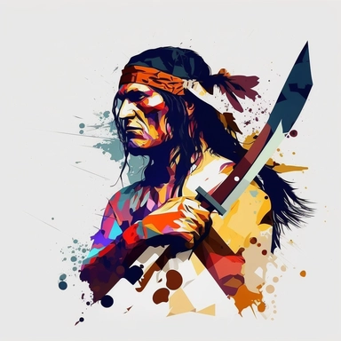apache leader with an axe, clipart illustration, dark vivid colours, clean, crisp, smooth, with white background