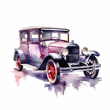 A clipart of a 1920s flapper-era automobile, painted in watercolor style, designed on a white background.