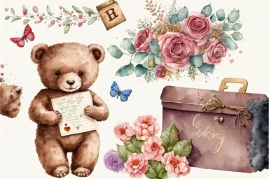 valentine flowers, chocolates, teddy bears, cards letters expressing love and affection accessories clipart, Aquarelle hand painting, aesthetic, watercolor, sparklecore, fantastic realism, fairytale