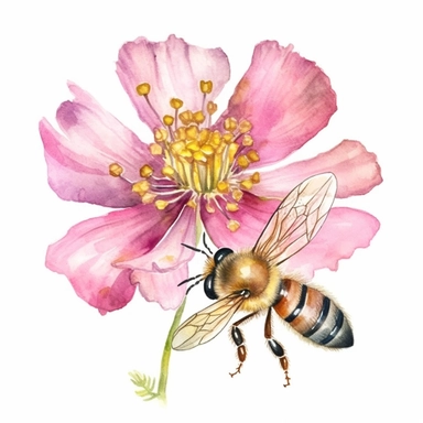 watercolor clipart, A close-up of a honey bee collecting nectar from a pink wildflower., bees fly around him, white background