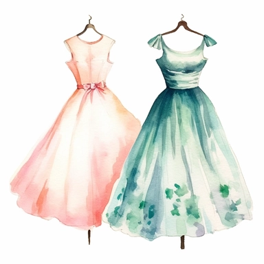 2 watercolor 1950s vintage boutique retro shabby chic clipart, white background, spaced out, hd