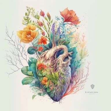 Generate a beautiful digital watercolor clipart illustrating flowers growing from a human heart, replacing the traditional vase. The art should evoke a sense of spring, with a variety of flowers in vibrant, spring-like colors. The heart from which the flowers grow should be detailed and realistic, adding a touch of whimsy and symbolism to the piece. The flowers should bloom from the realistic heart, they should bloom and be beautiful.