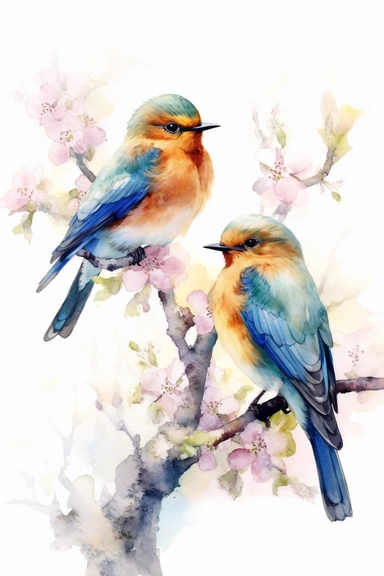 Watercolor cute birds standing on a branch in spring, nature, very vivid colors, highly detailed drawing, white background, clipart, colorful, highly detailed, HD
