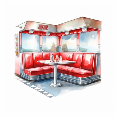 watercolor diner booth clipart, hd on white background, spaced out ar 3:2
