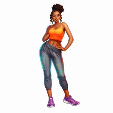 beautiful black teenage girl with beautiful pinned up hairstyle, dressed in bright colored fitness attire. Full perspective and, long shot A young black woman with full lips and a big beautiful smile, dressed in a jogger, has pinned up hairstyle and beautiful shapely legs, wearing sneakers, clipart in the style of digital airbrushing, feminine sticker art, dollcore, realistic face, realistic body, glamorous,