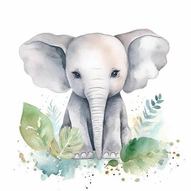A delightful and charming watercolor clipart of an adorable baby elephant, designed for commercial use. This heartwarming composition captures the innocent charm of the African Safari Zoo animal, set against a crisp white background that accentuates its delicate watercolor textures and playful features. The baby elephant, with its gentle eyes and playful trunk, is skillfully painted in a soothing palette of grays and pastels, encapsulating the essence of nursery-themed art. The clipart emphasize