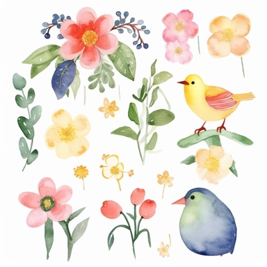 watercolor spring inspired clipart, disney, flowers, sun clipart, birds clipart, rain clouds, clipart, single design, white background