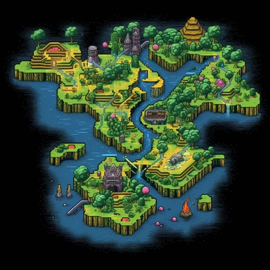 Zelda Link to the pass Game map, 16 Bit Super Nintendo pixelart illustration for t-shirt, clipart, black background