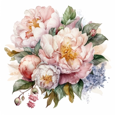 a bouquet with a few peonies clipart with white background, unimaginable beauty,white with little pink details in the centre of the bloom,An illustration clipart painted by ann buccarelli, watercolour, combo pale colours, insanely detailed, on white background, amazing colour combo, with detailed watercolor bloom, white/ pink/ green, bec winnel, intricately textured, close up, walter Langley, lucy grossmith, heavy impasto technique, detailed shading, atmospheric watercolours, on white background