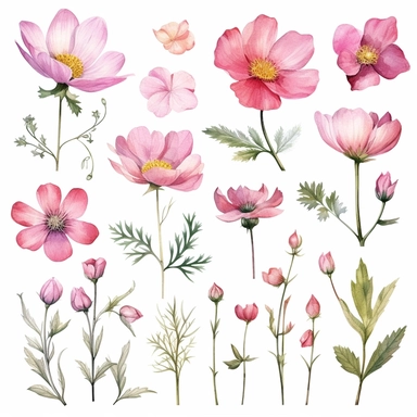Captivating watercolor clipart set featuring different pink flower species, portrayed from various angles, arranged in a composition that appears as if the flowers are gracefully floating in mid-air, inviting the viewer to join them on a whimsical journey through the realms of imagination, clipart on a white backdrop.