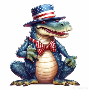 full perspective, american patriotic alligator wearing a hat clipart illustration, centred, vibrant colors, add the flag, on a white background, no watermark, no logo, no writing