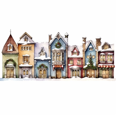 Christmas village, cute and small houses in a row, Clip art, magical, enchanting, wreaths, snow-covered streets, Watercolor, colorful buildings, sparkling, charming, detailed, glittery, shiny, twinkling lights, festive, ornate, traditional, whimsical, Mic