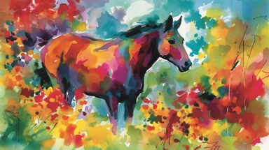 A vibrant watercolor of a single horse rendered as a digital clipart, drawing inspiration from the bold, expressive blooms found in Emil Nolde's garden paintings, featuring a vivid color palette that captures the flowers' natural radiance, illuminated by bright, contrasting light that emphasizes the rich, saturated hues and dynamic brushwork, and composed using an organic, free-flowing layout that conveys a sense of movement and growth.