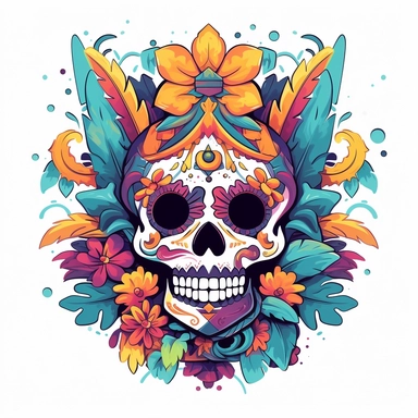 isolated flat clipart on a white background of a spooky day of dead themed voodoo mask tshirt design graphic, in the style of daniel f. gerhartz, transcendent, nikon d850, art of burma, captures the essence of nature, in the style of organic forms and patterns, expansive skies, hyper-detailed illustrations, i can't believe how beautiful this is, lively colors