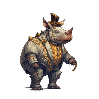 professional gouache hand-painted full body illustration of a steampunk rhino-man, Victorian clipart, isolated against white background, accurate, natural form, simple playful style, deep colour, softly lit by golden hour sunlight