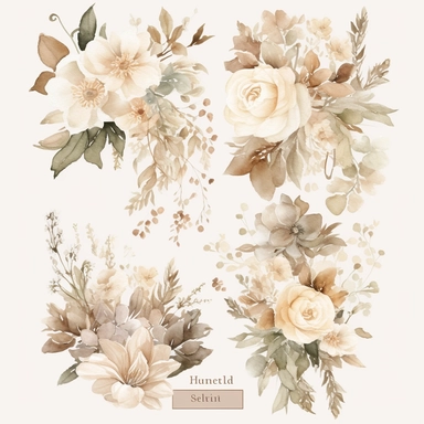 Create a collection of exquisitely detailed watercolor floral clipart, featuring neutral-toned flowers and premade bouquets. The flowers should showcase a range of neutral hues, including soft whites, creams, beiges, and subtle blush tones. Incorporate a variety of floral elements such as roses, peonies, hydrangeas, and other delicate blooms, each with intricate petal details and realistic textures. Design premade bouquets that effortlessly combine these neutral florals into elegant arrangements